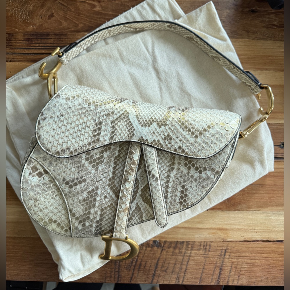 Dior Saddlebag Elegant Cream Snake Print Shoulder Bag